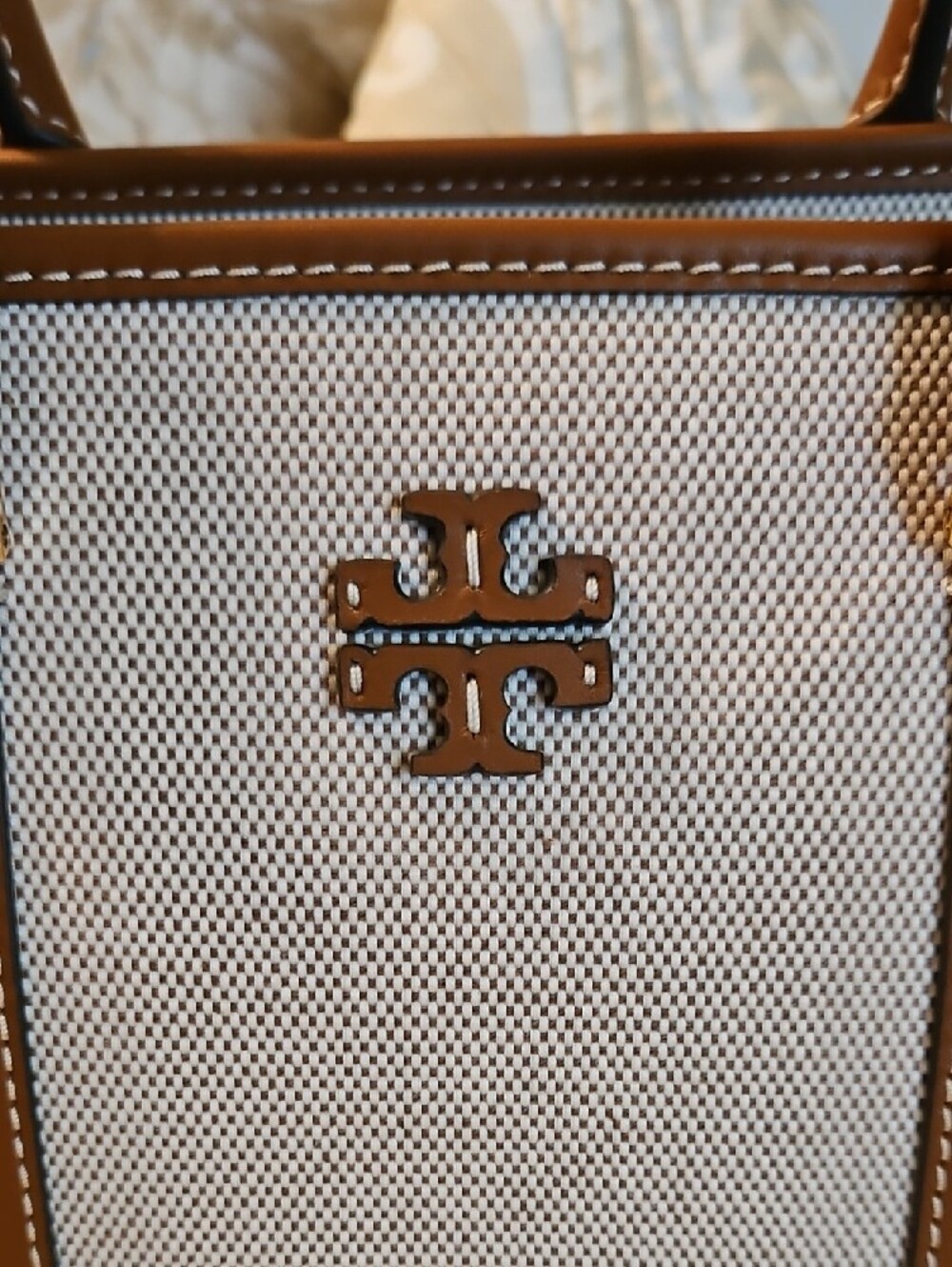 Tory Burch Blake Cream Canvas Satchel with Brown Leather Trim - Picture 4 of 15